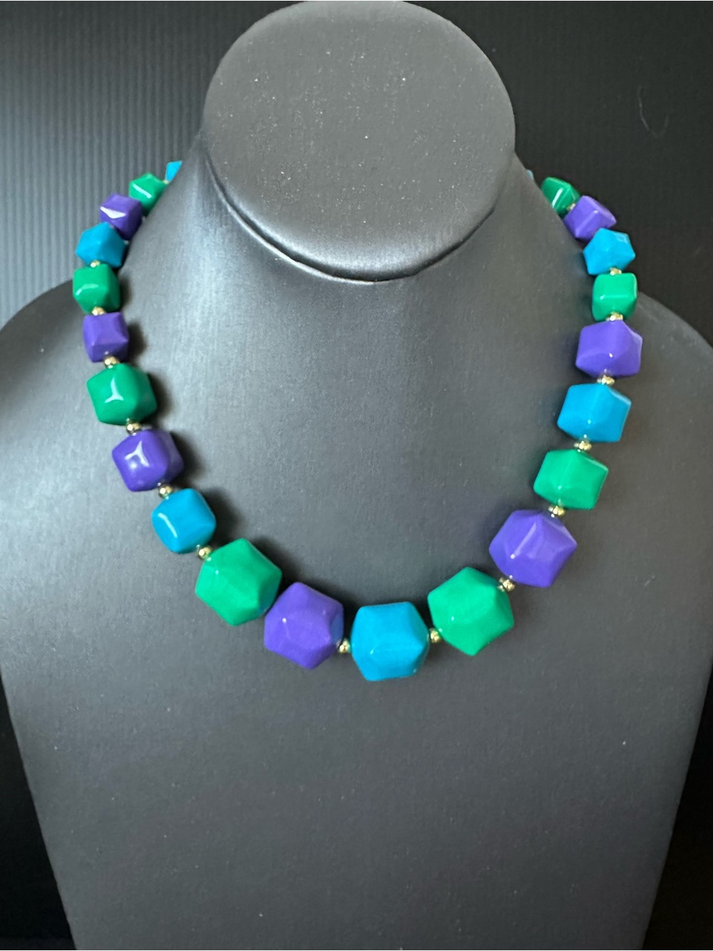 VTG 80s Chunky Colorblock Beaded Necklace Geometric Faceted Acrylic Cube Beads